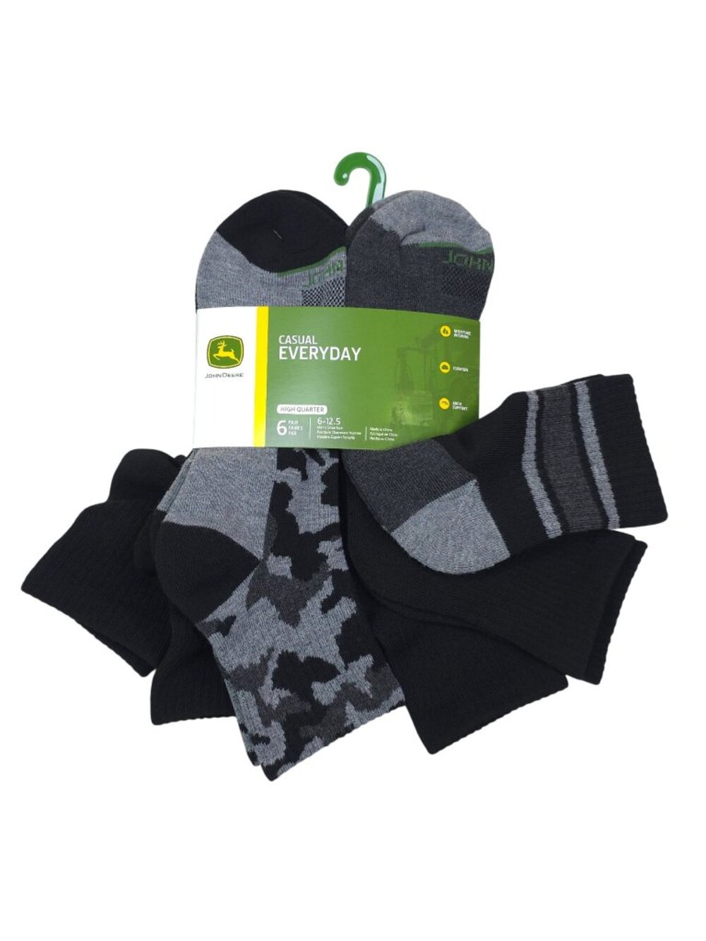 John Deere Mens 6-Pack High Quarter Socks Camo Moisture Wicking Arch Support